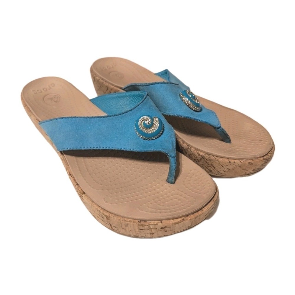 Crocs Leigh Blue Leather Cork Platform Wedge Sandals Seashell Rhinestone Women 9